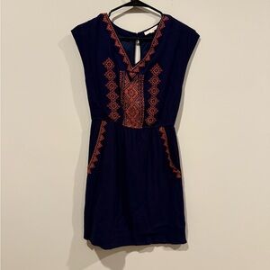 Skies Are Blue Dark Blue Dress with Red Embroidery and Pockets Size XS